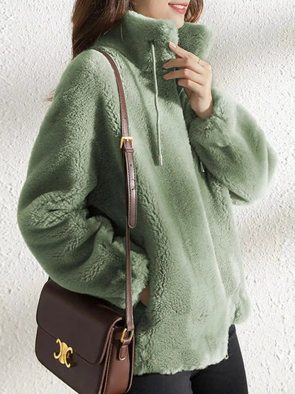 Green Faux Fur Stand-Collar Zip-Up Jacket Plus Size - Bitsy Gypsy Boutique