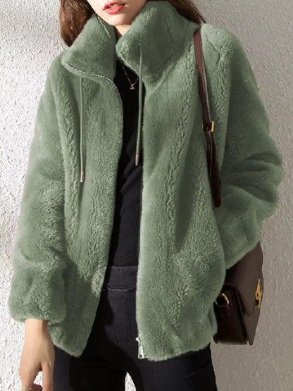 Green Faux Fur Stand-Collar Zip-Up Jacket Plus Size - Bitsy Gypsy Boutique