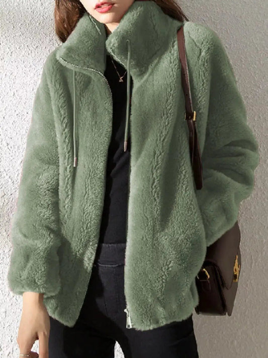 Green Faux Fur Stand-Collar Zip-Up Jacket Plus Size - Bitsy Gypsy Boutique