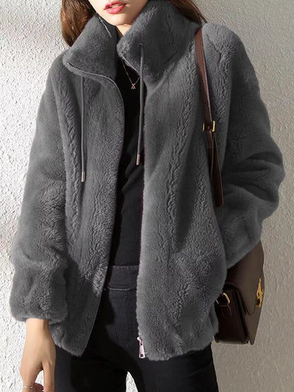 Green Faux Fur Stand-Collar Zip-Up Jacket Plus Size - Bitsy Gypsy Boutique