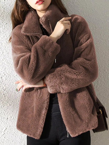 Green Faux Fur Stand-Collar Zip-Up Jacket Plus Size - Bitsy Gypsy Boutique