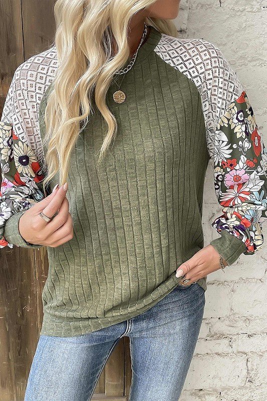 Green Floral Patchwork Long Sleeve Ribbed Blouse - Bitsy Gypsy Boutique