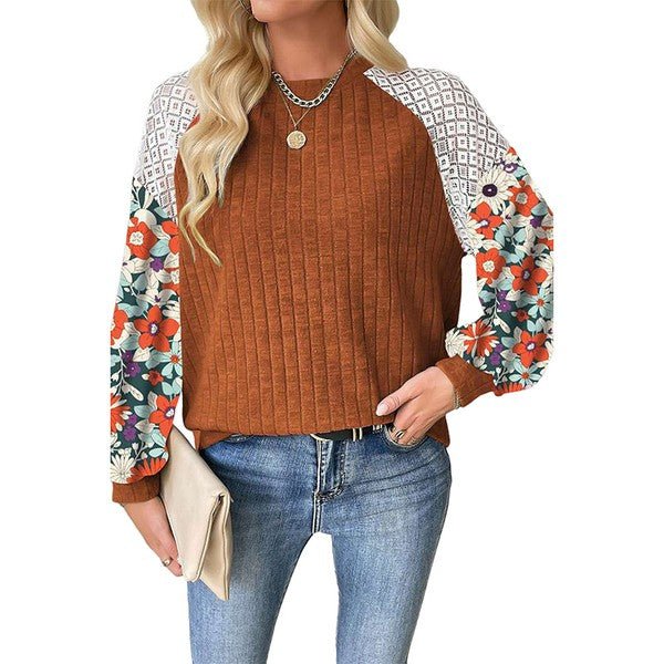 Green Floral Patchwork Long Sleeve Ribbed Blouse - Bitsy Gypsy Boutique