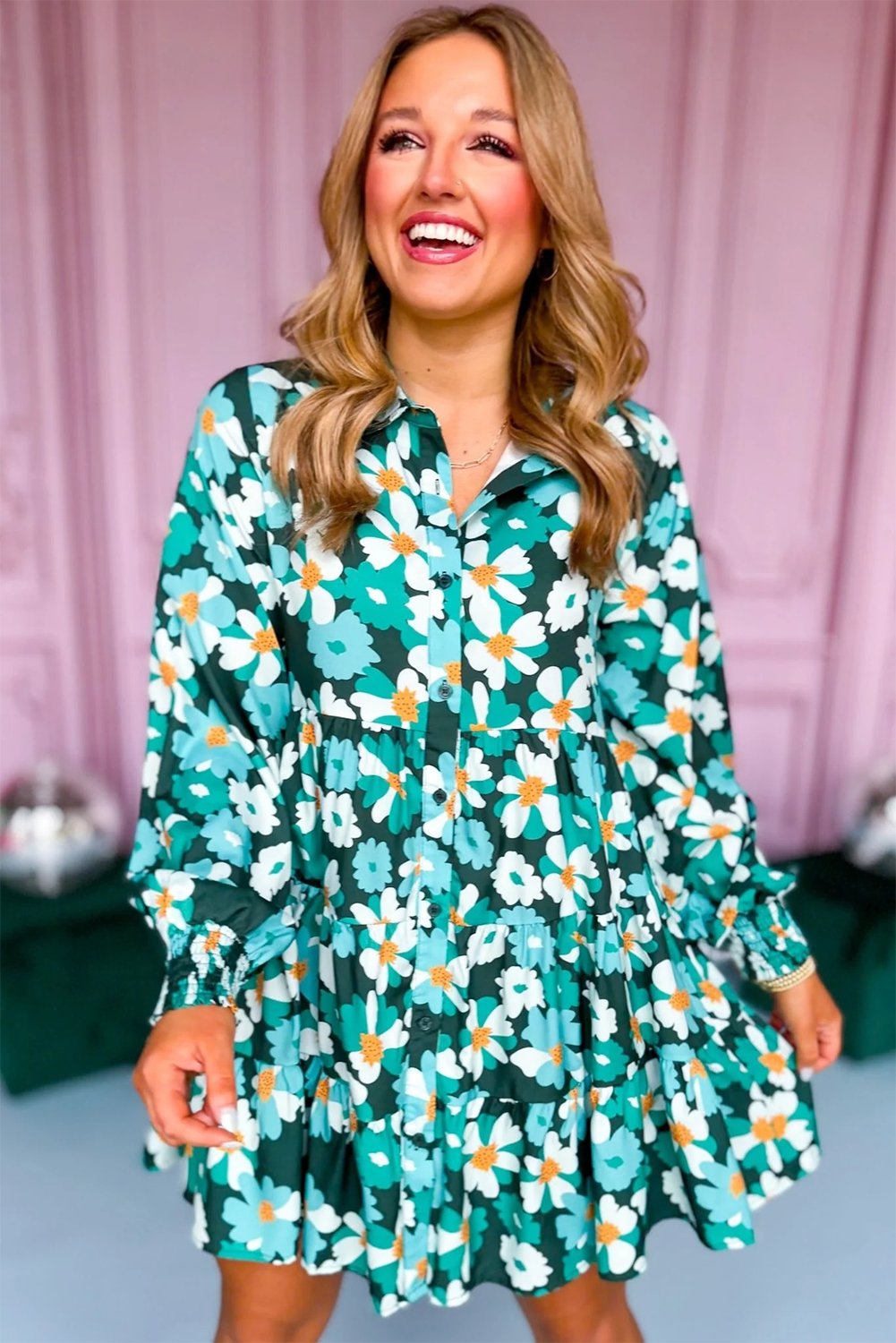 Green Floral Tiered Long Puff Sleeve Shirt Dress - Bitsy Gypsy Boutique