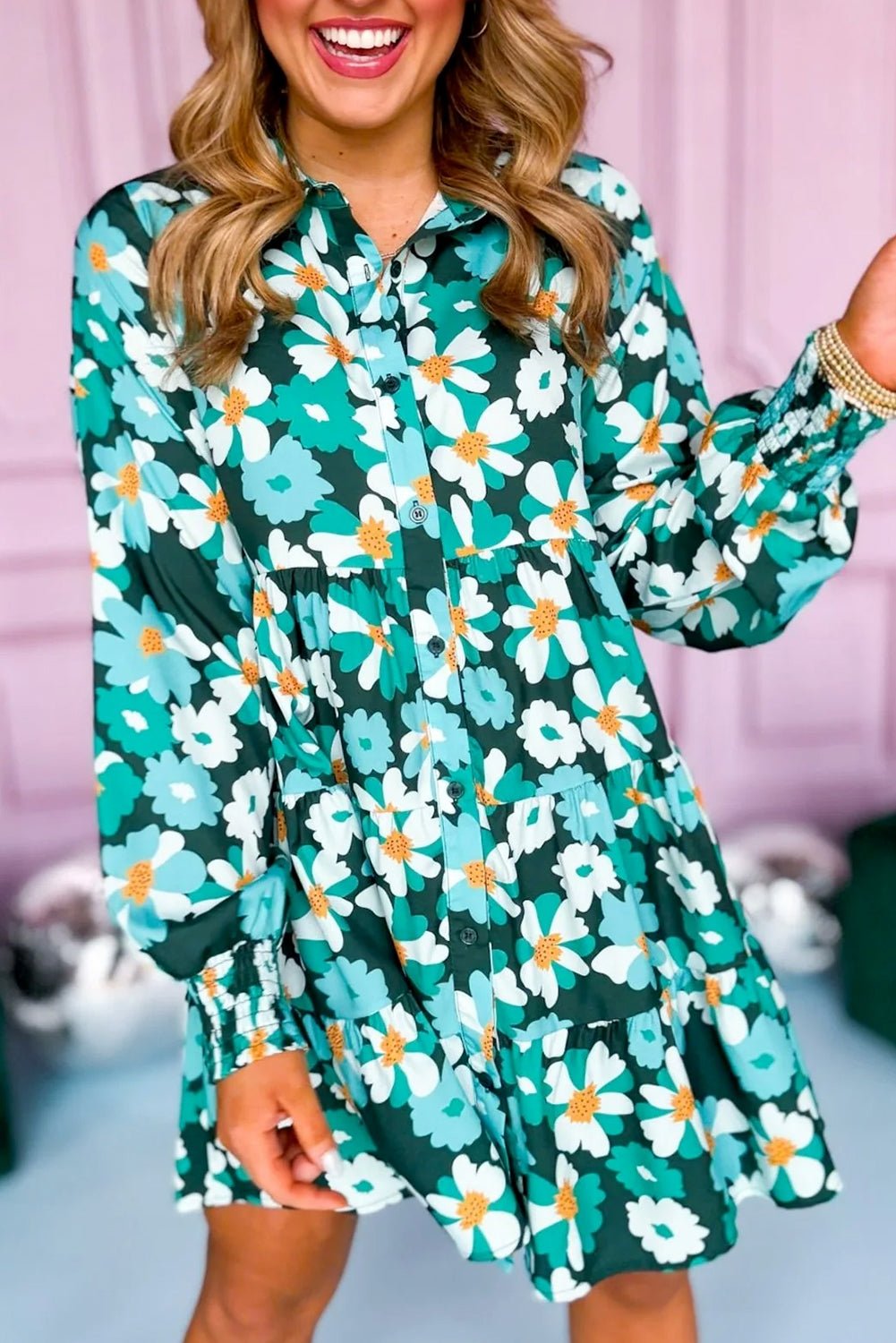 Green Floral Tiered Long Puff Sleeve Shirt Dress - Bitsy Gypsy Boutique