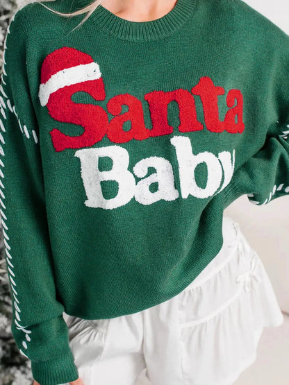 Green Santa Baby Christmas Slogan Crew Neck Sweater - Bitsy Gypsy Boutique