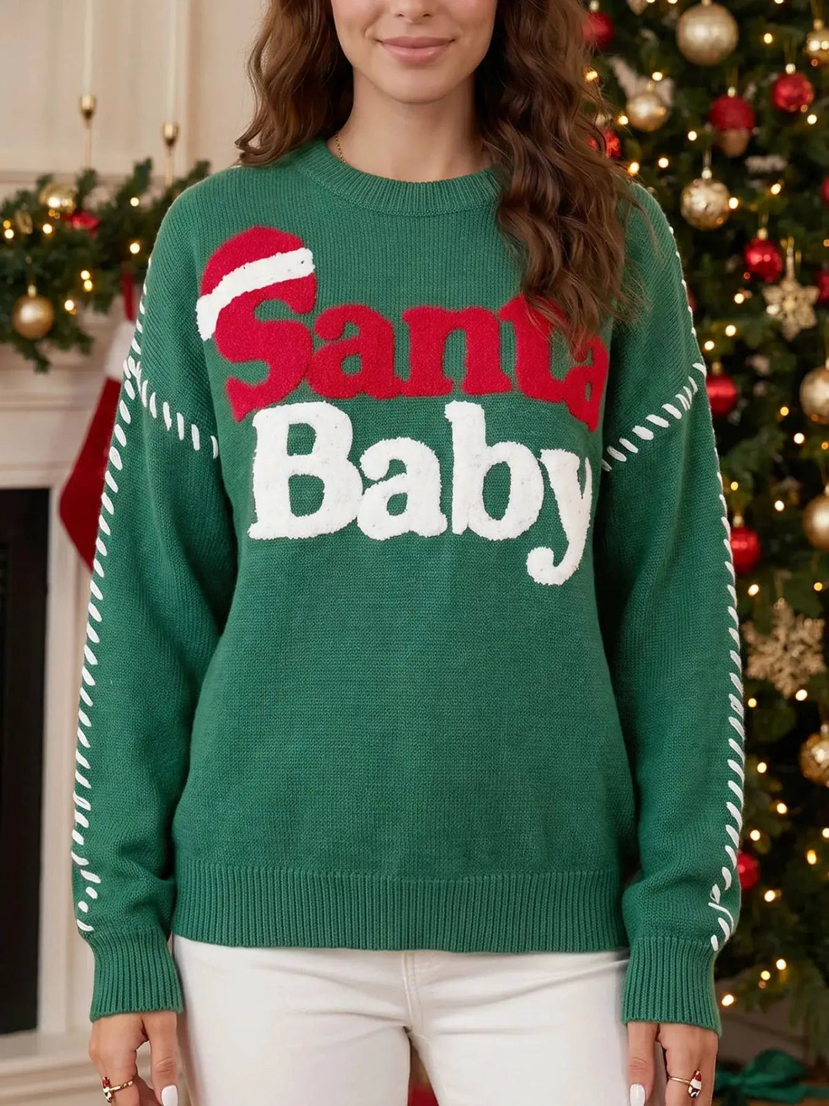 Green Santa Baby Christmas Slogan Crew Neck Sweater - Bitsy Gypsy Boutique