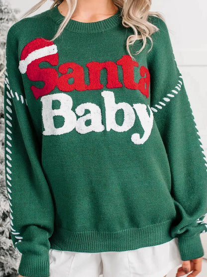 Green Santa Baby Christmas Slogan Crew Neck Sweater - Bitsy Gypsy Boutique