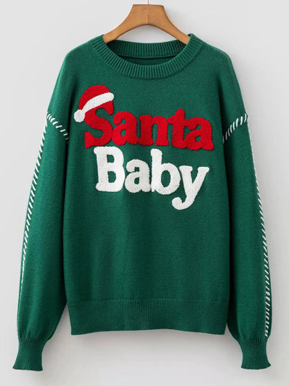 Green Santa Baby Christmas Slogan Crew Neck Sweater - Bitsy Gypsy Boutique