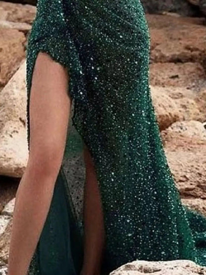 Green Sequin One-Shoulder High-Slit Evening Dress - Bitsy Gypsy Boutique