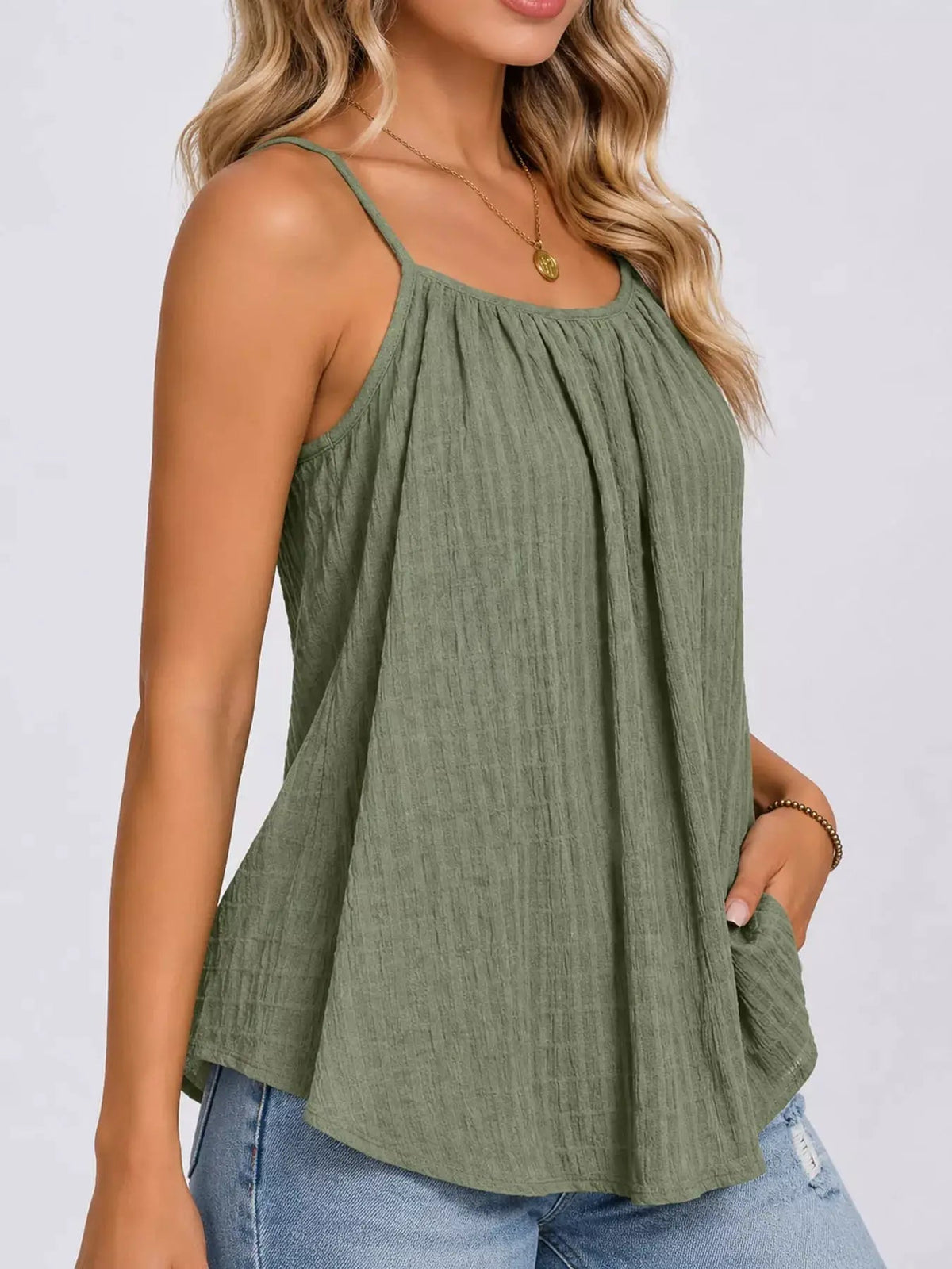 Green Textured Pleated Backless Cami Top - Bitsy Gypsy Boutique