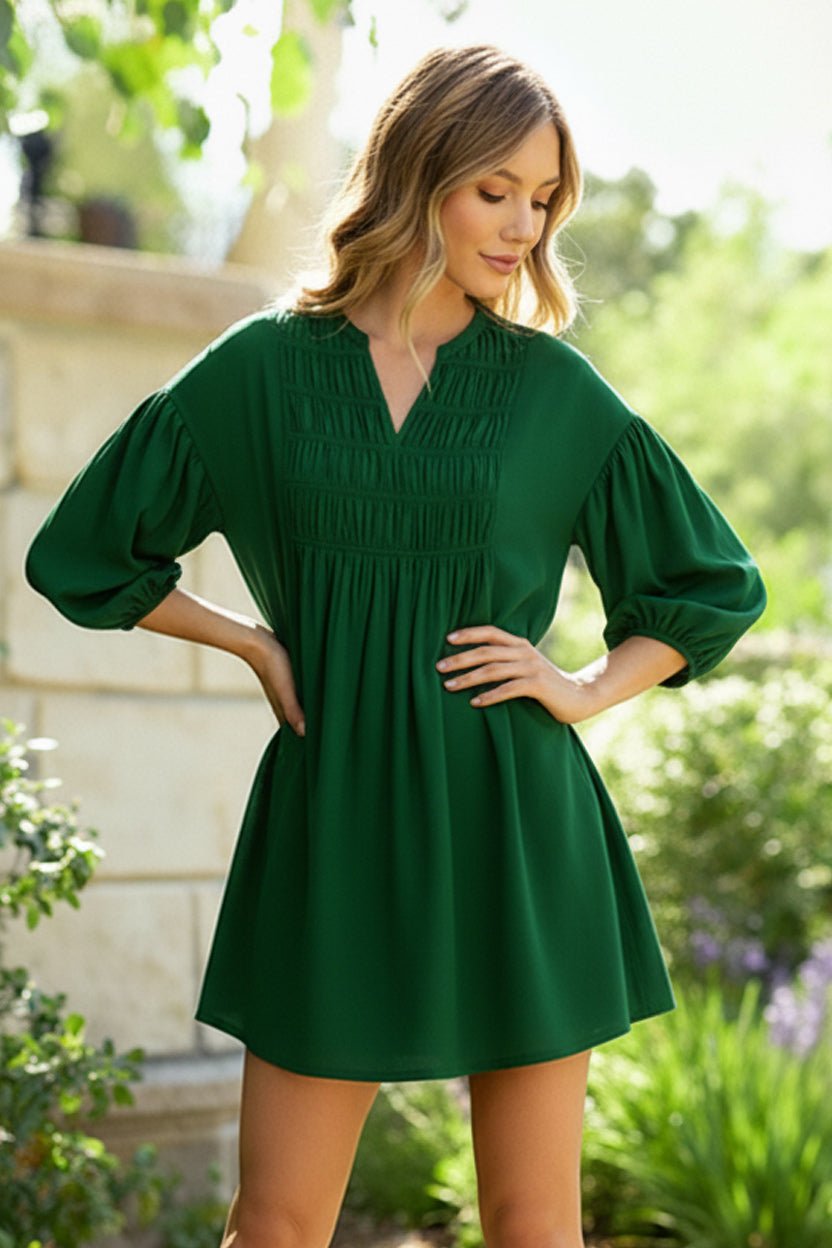 Green with Envy Crepe Smocked Dress - Bitsy Gypsy Boutique