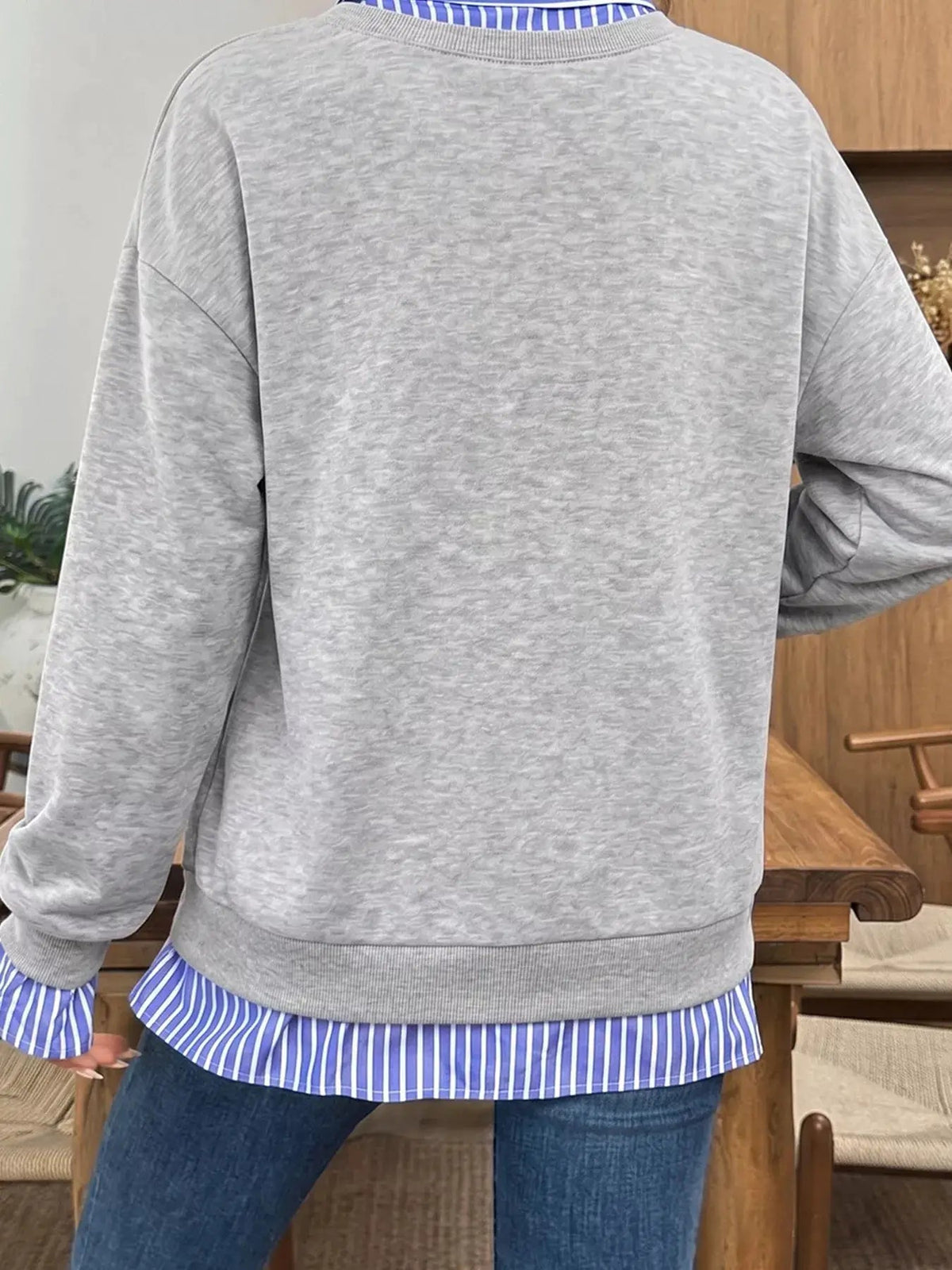 Grey Blue Stripe Collar Long Sleeve Sweatshirt - Bitsy Gypsy Boutique