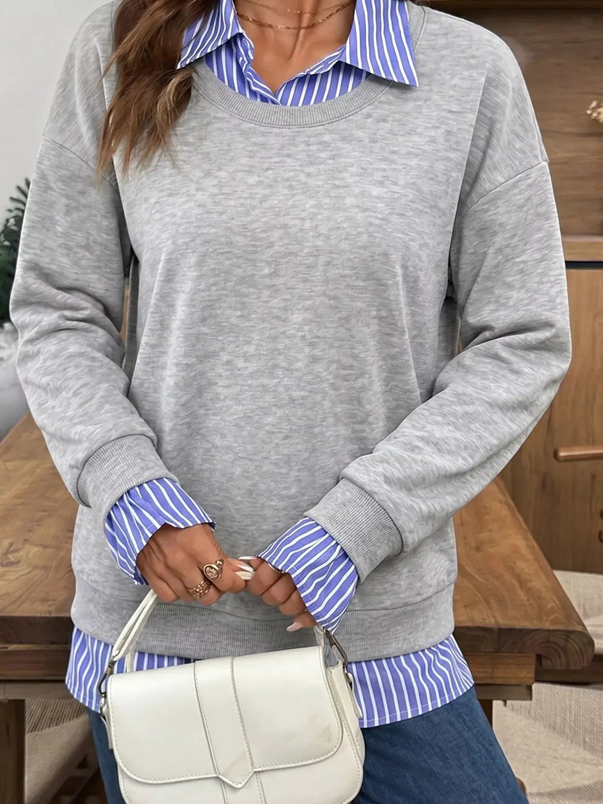 Grey Blue Stripe Collar Long Sleeve Sweatshirt - Bitsy Gypsy Boutique