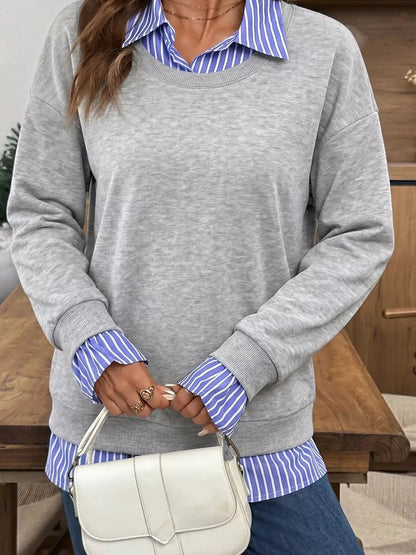Grey Blue Stripe Collar Long Sleeve Sweatshirt - Bitsy Gypsy Boutique