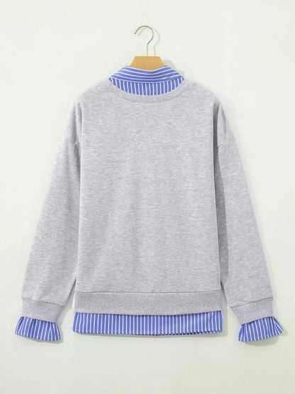 Grey Blue Stripe Collar Long Sleeve Sweatshirt - Bitsy Gypsy Boutique