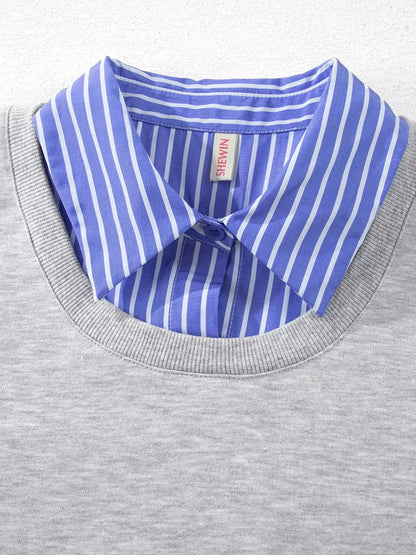 Grey Blue Stripe Collar Long Sleeve Sweatshirt - Bitsy Gypsy Boutique
