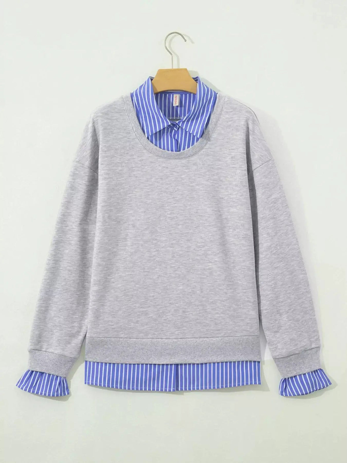 Grey Blue Stripe Collar Long Sleeve Sweatshirt - Bitsy Gypsy Boutique