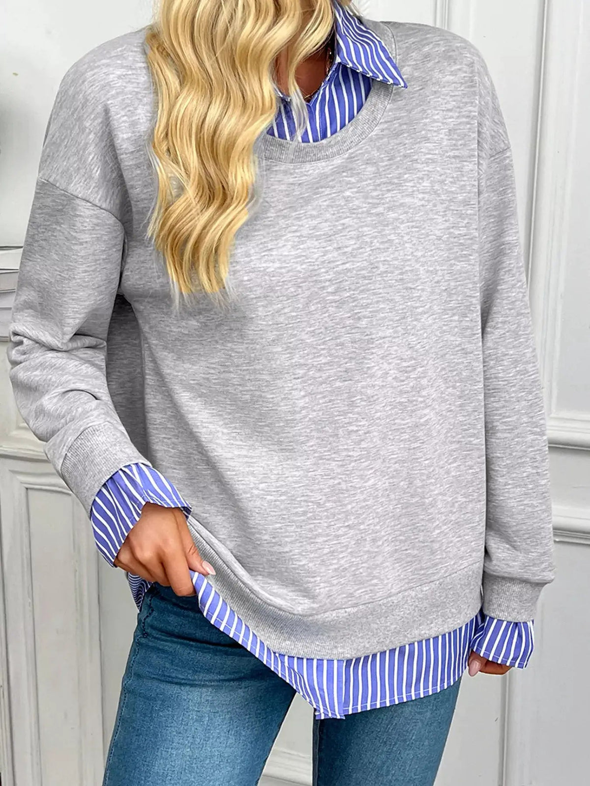 Grey Blue Stripe Collar Long Sleeve Sweatshirt - Bitsy Gypsy Boutique