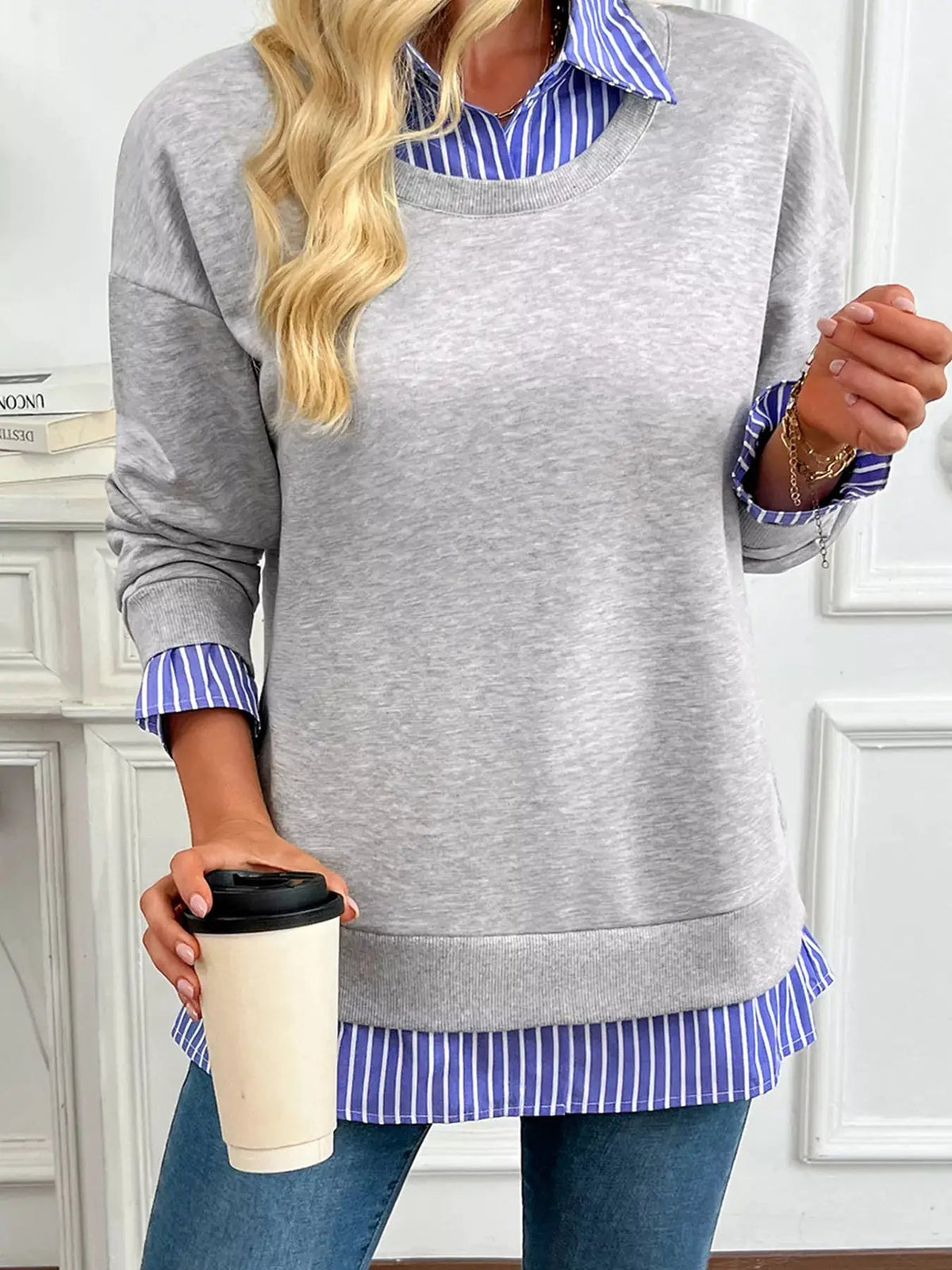 Grey Blue Stripe Collar Long Sleeve Sweatshirt - Bitsy Gypsy Boutique