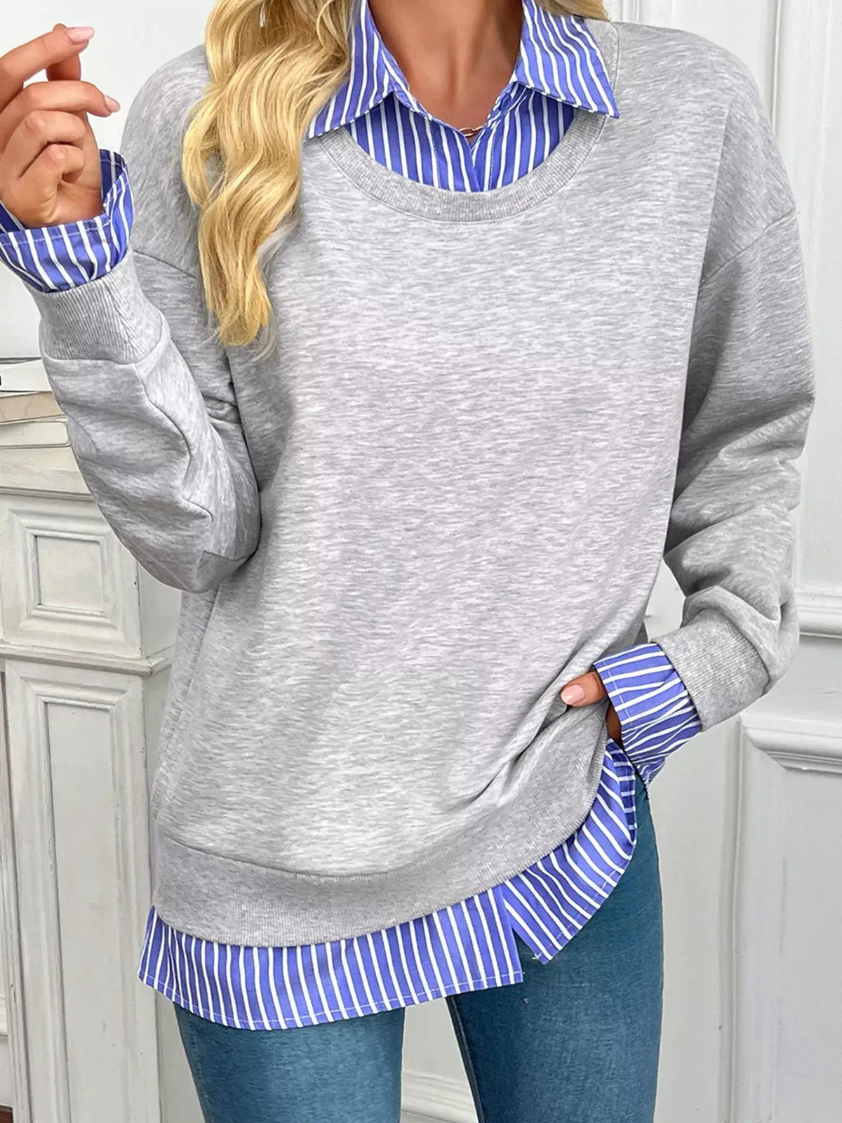 Grey Blue Stripe Collar Long Sleeve Sweatshirt - Bitsy Gypsy Boutique