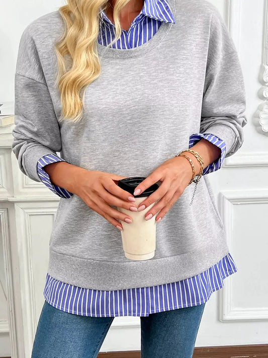 Grey Blue Stripe Collar Long Sleeve Sweatshirt - Bitsy Gypsy Boutique