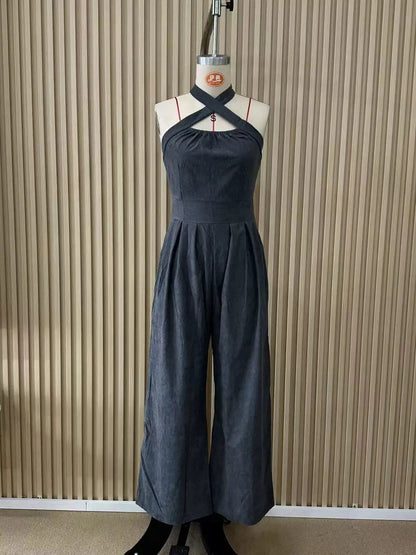 Grey Crisscross Halter Neck Wide-Leg Pocketed Jumpsuit - Bitsy Gypsy Boutique