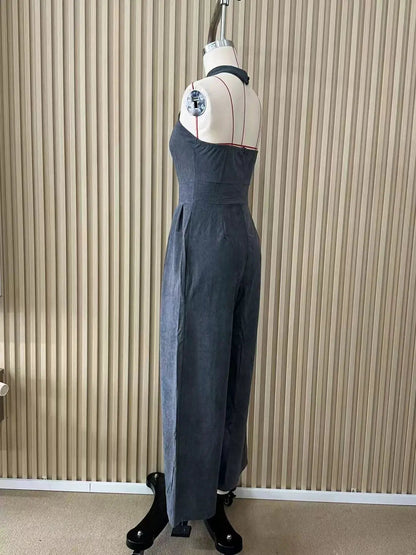 Grey Crisscross Halter Neck Wide-Leg Pocketed Jumpsuit - Bitsy Gypsy Boutique