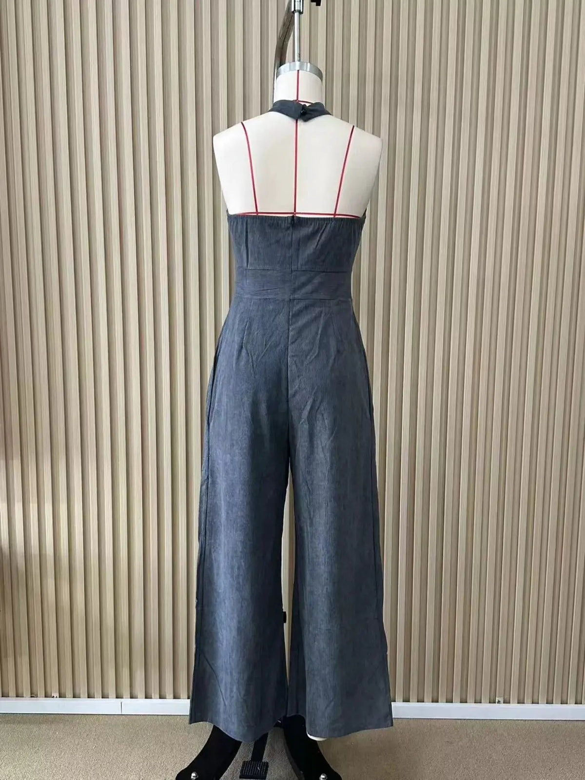 Grey Crisscross Halter Neck Wide-Leg Pocketed Jumpsuit - Bitsy Gypsy Boutique