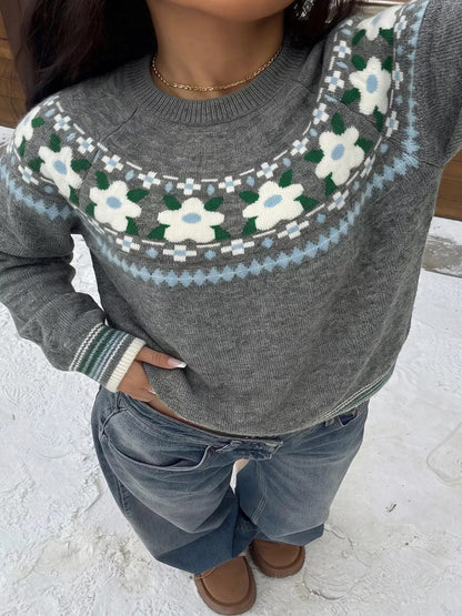 Grey Floral Pattern Round Neck Long Sleeve Sweater - Bitsy Gypsy Boutique