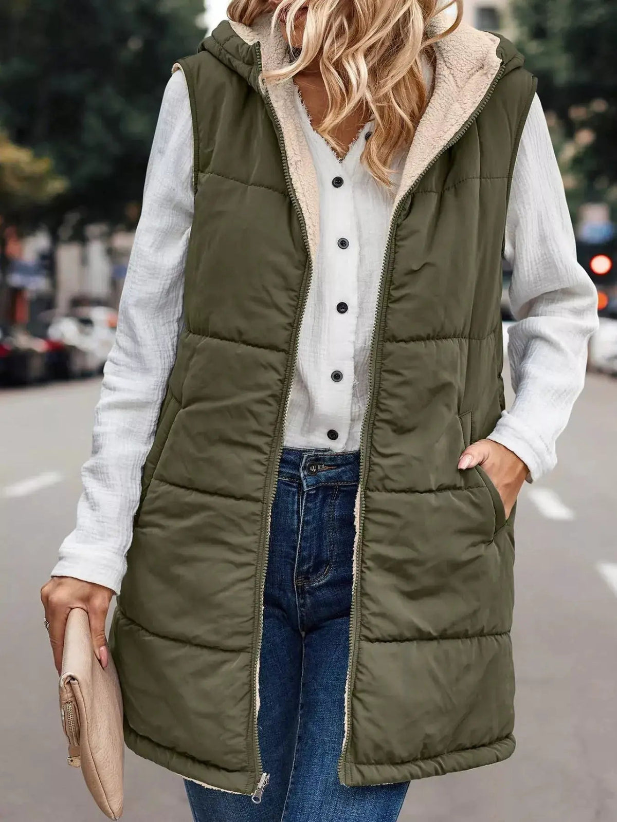 Grey Plus Size Hooded Sherpa Lined Puffer Vest - Bitsy Gypsy Boutique