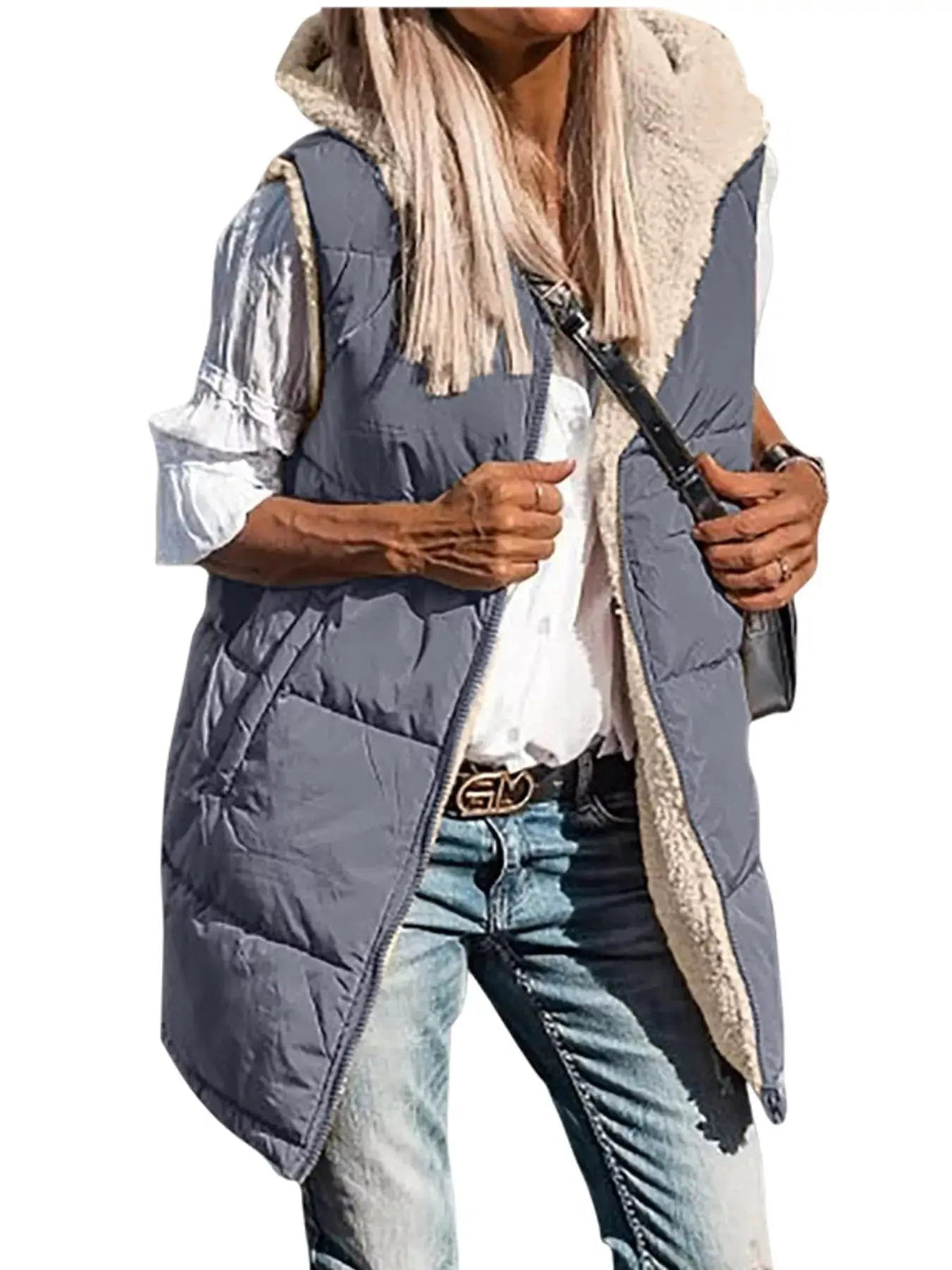 Grey Plus Size Hooded Sherpa Lined Puffer Vest - Bitsy Gypsy Boutique