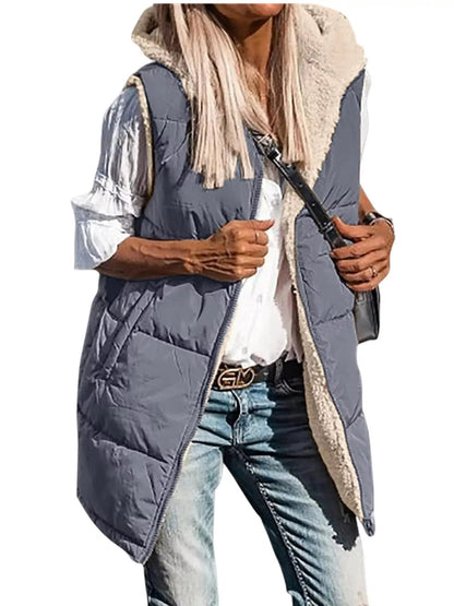 Grey Plus Size Hooded Sherpa Lined Puffer Vest - Bitsy Gypsy Boutique