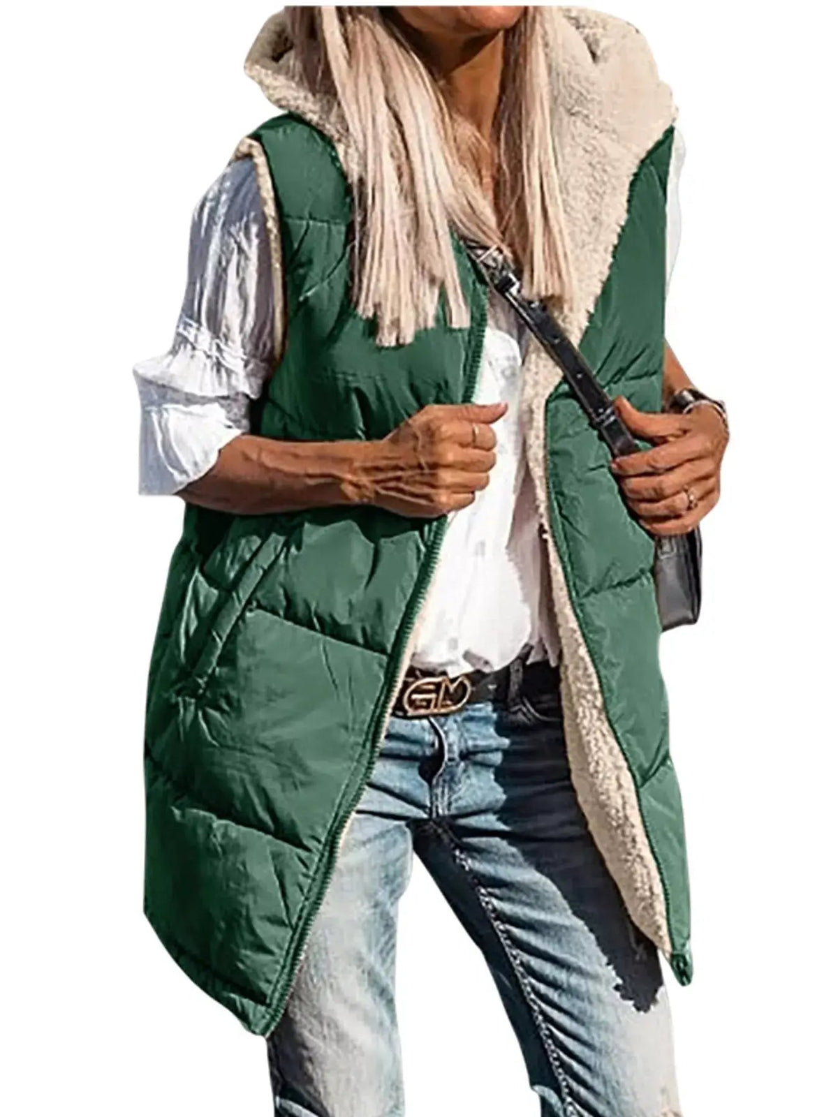 Grey Plus Size Hooded Sherpa Lined Puffer Vest - Bitsy Gypsy Boutique