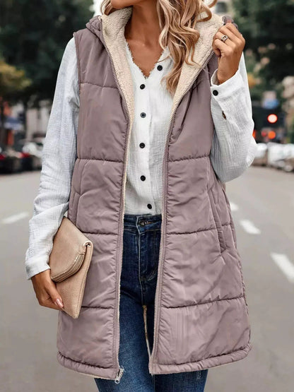 Grey Plus Size Hooded Sherpa Lined Puffer Vest - Bitsy Gypsy Boutique