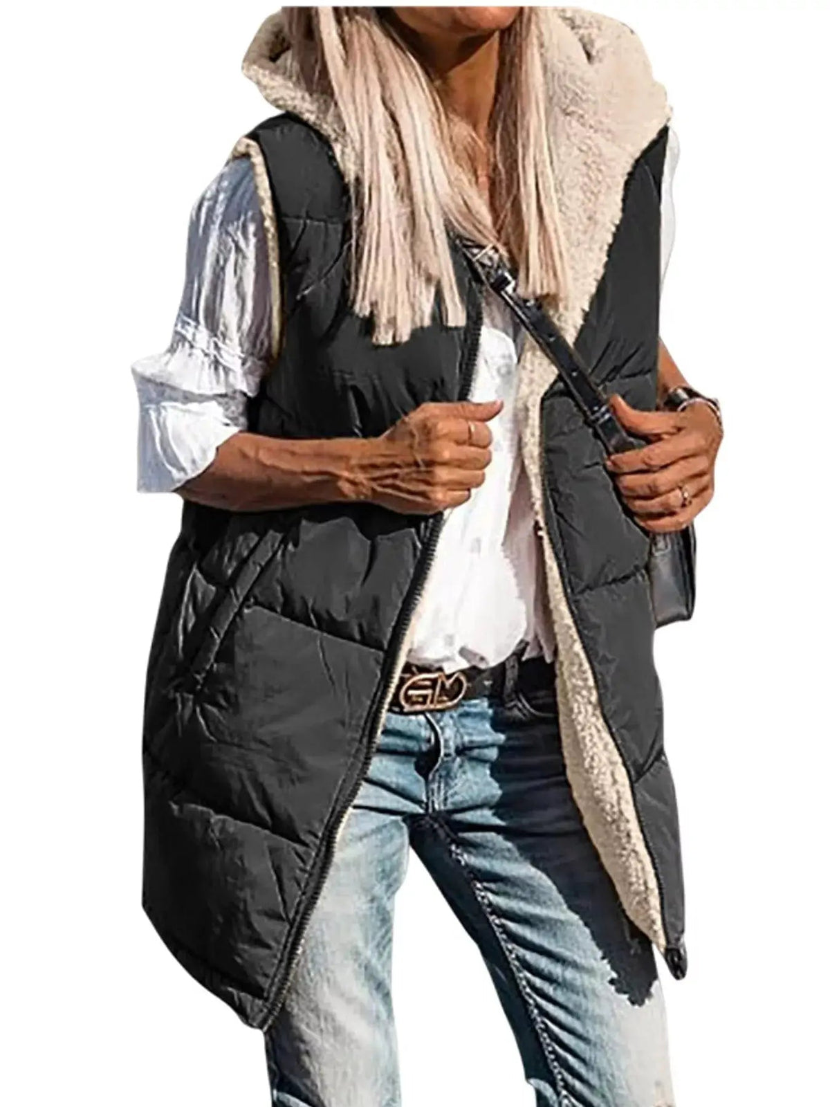 Grey Plus Size Hooded Sherpa Lined Puffer Vest - Bitsy Gypsy Boutique