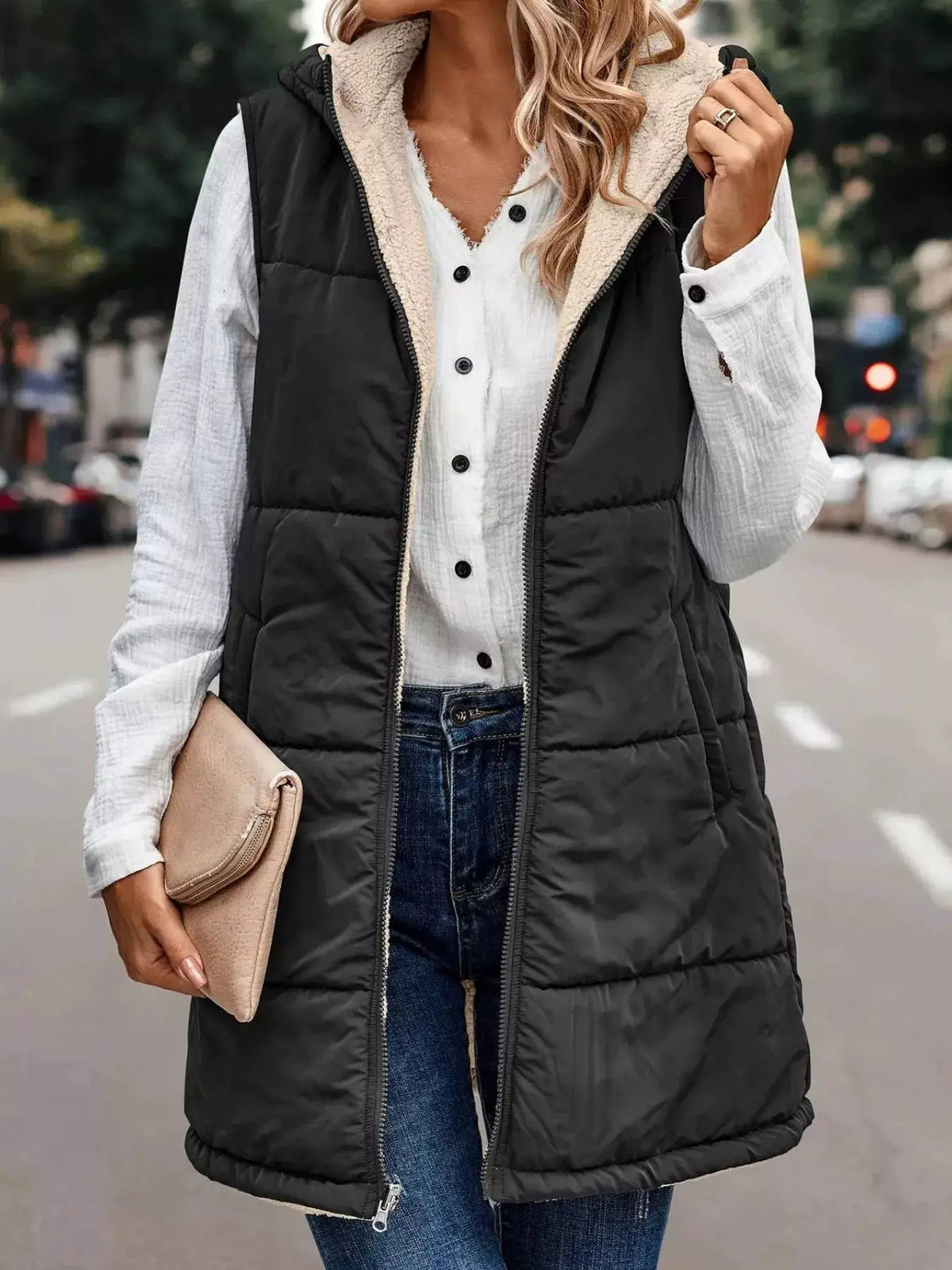 Grey Plus Size Hooded Sherpa Lined Puffer Vest - Bitsy Gypsy Boutique
