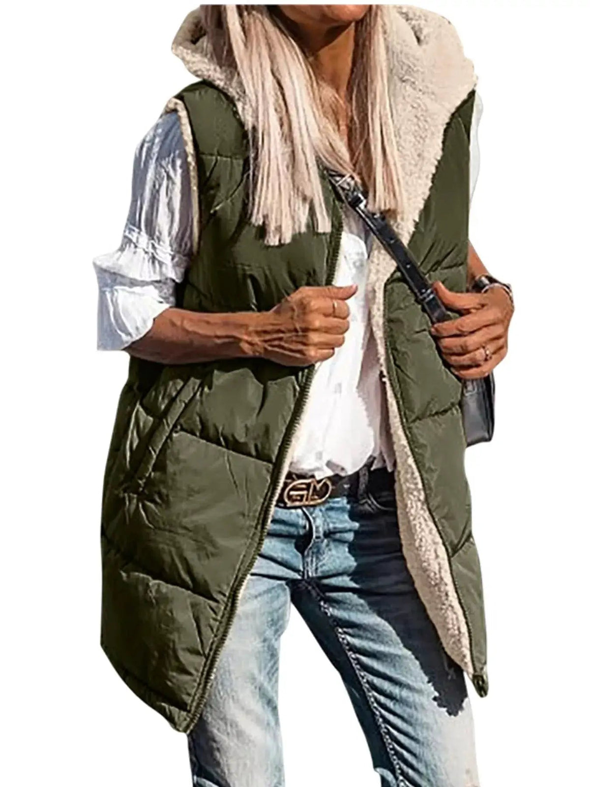 Grey Plus Size Hooded Sherpa Lined Puffer Vest - Bitsy Gypsy Boutique