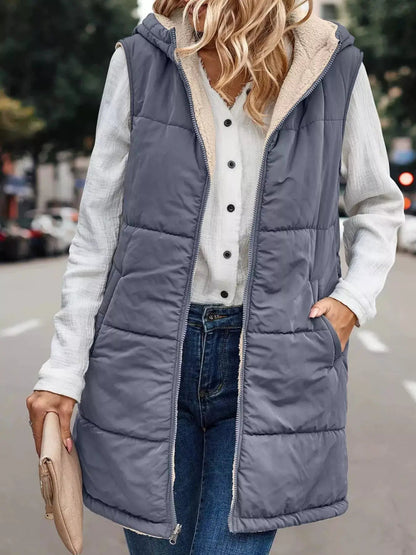 Grey Plus Size Hooded Sherpa Lined Puffer Vest - Bitsy Gypsy Boutique
