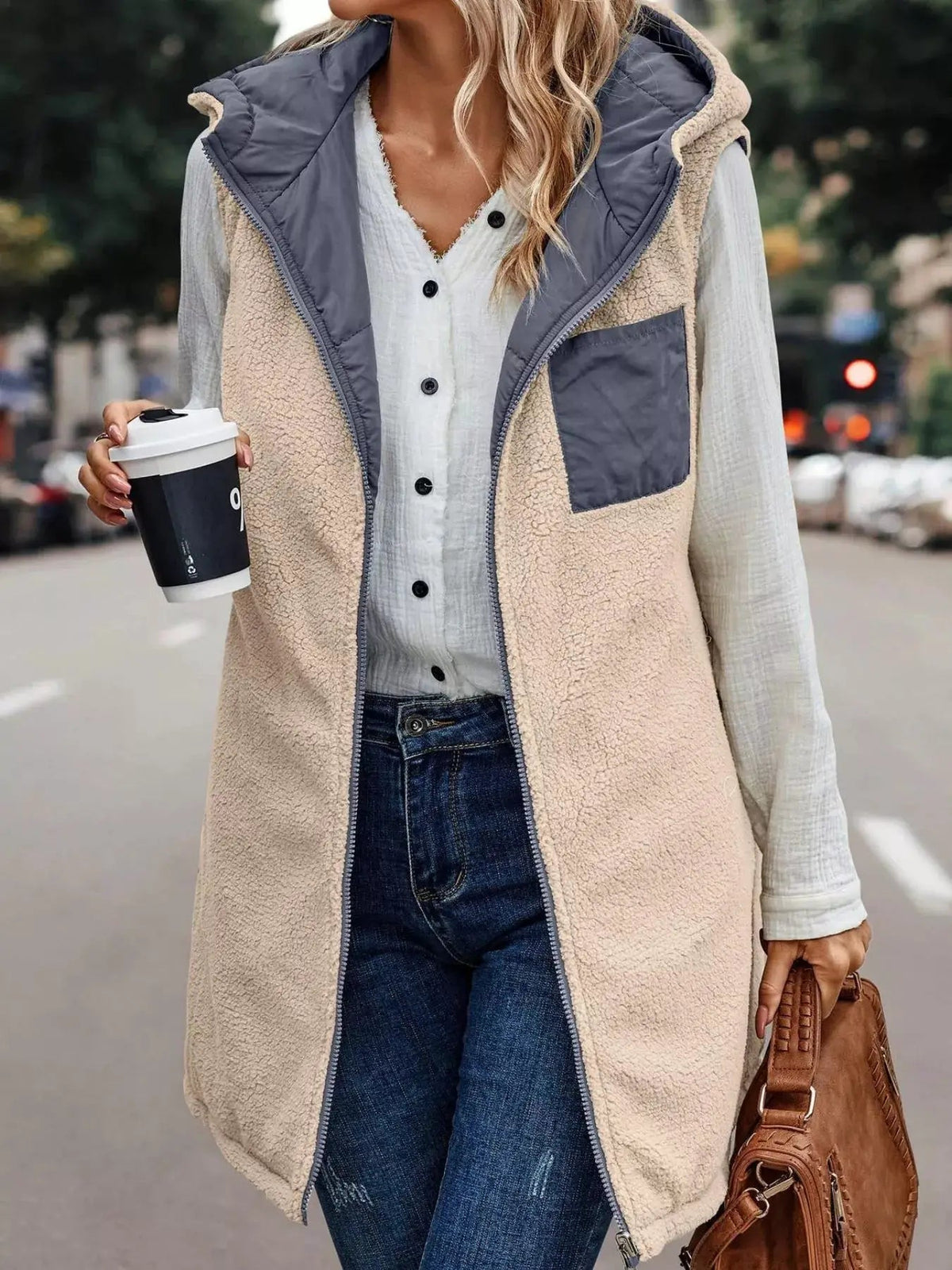 Grey Plus Size Hooded Sherpa Lined Puffer Vest - Bitsy Gypsy Boutique