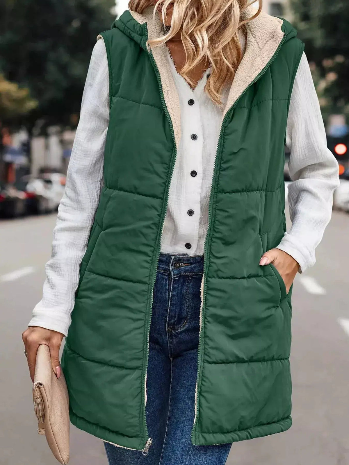 Grey Plus Size Hooded Sherpa Lined Puffer Vest - Bitsy Gypsy Boutique