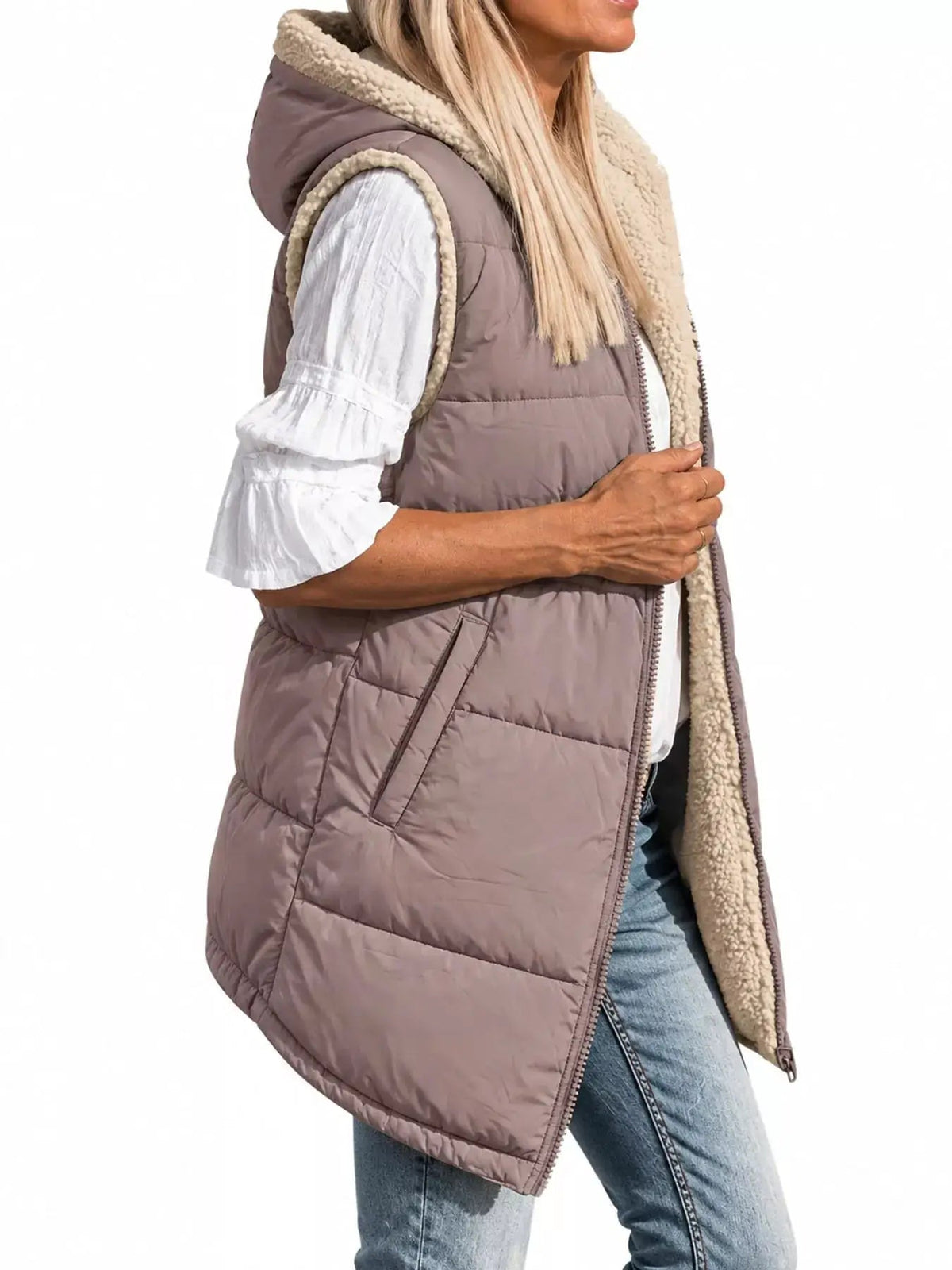 Grey Plus Size Hooded Sherpa Lined Puffer Vest - Bitsy Gypsy Boutique