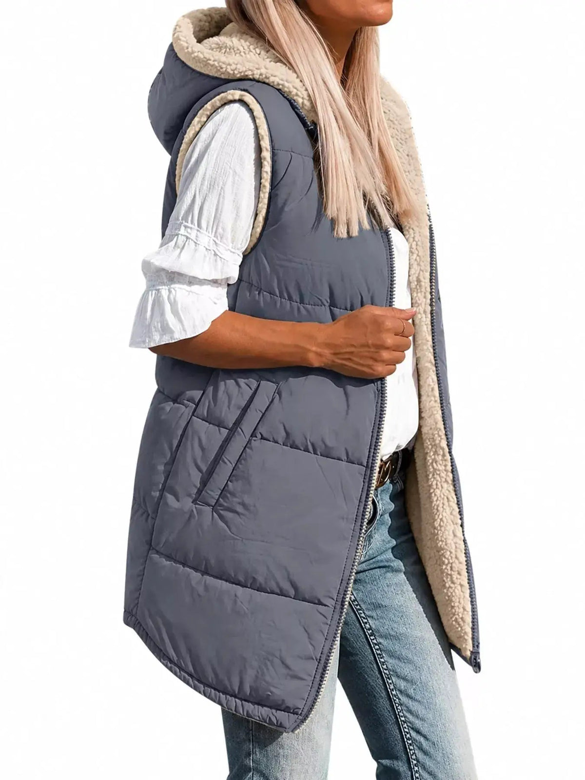 Grey Plus Size Hooded Sherpa Lined Puffer Vest - Bitsy Gypsy Boutique