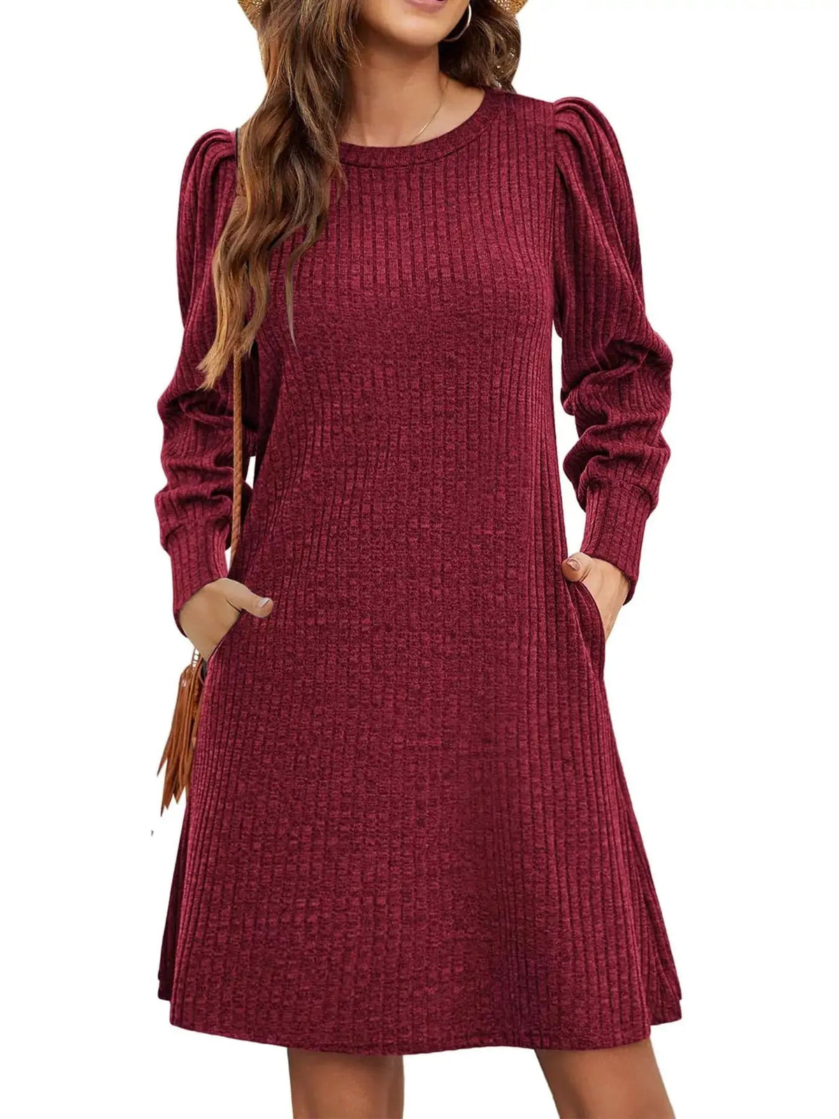Grey Ribbed Knit Puff Sleeve Dress With Pockets - Bitsy Gypsy Boutique