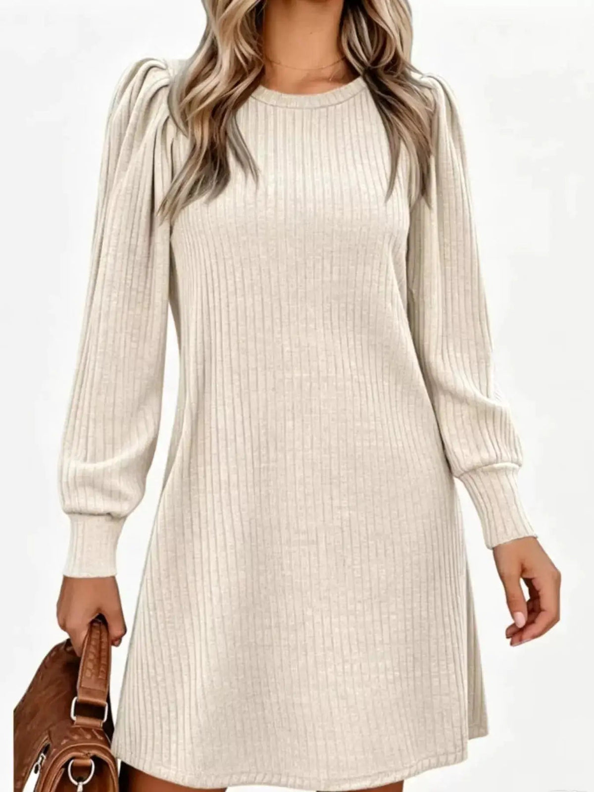 Grey Ribbed Knit Puff Sleeve Dress With Pockets - Bitsy Gypsy Boutique