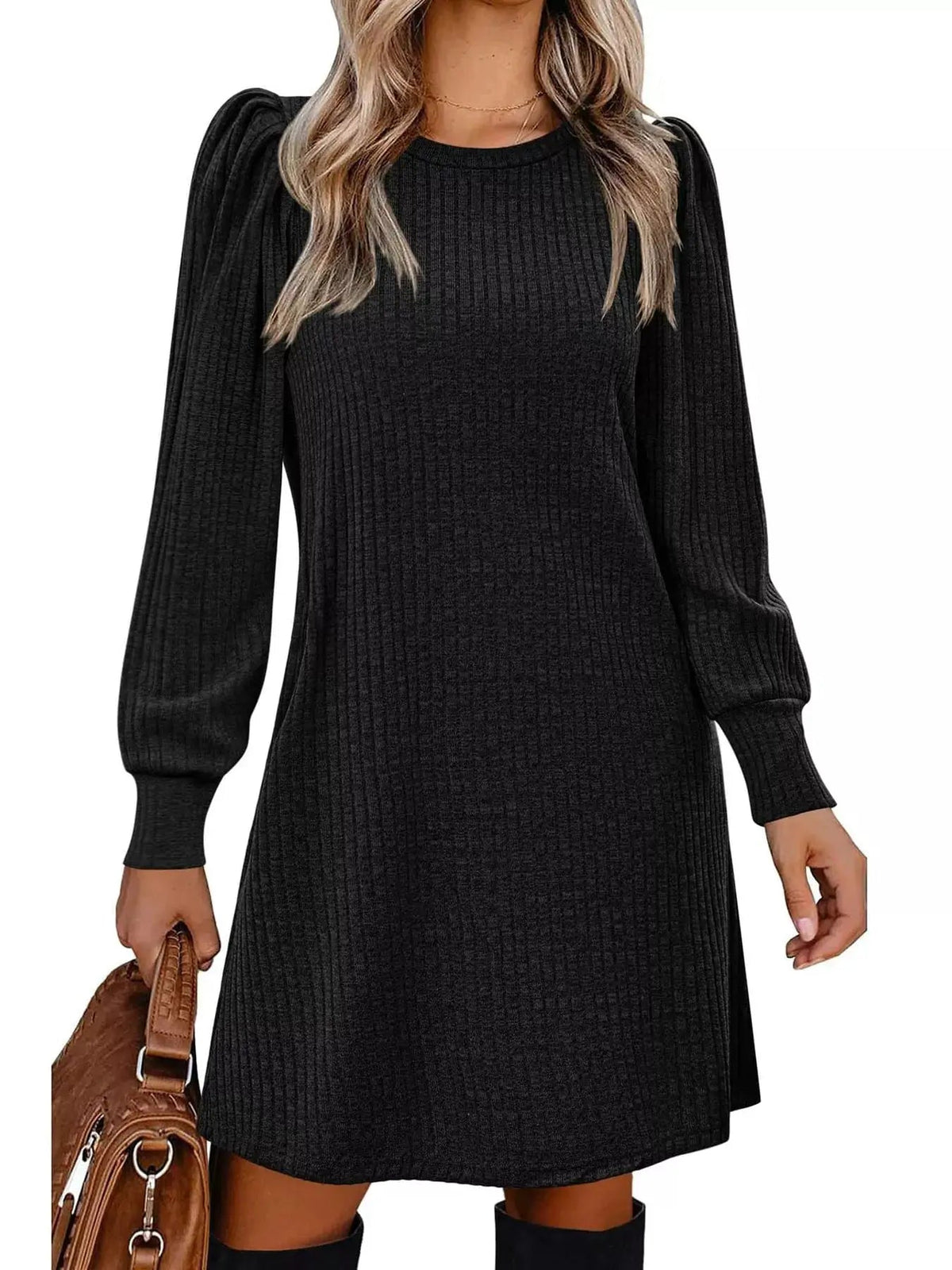 Grey Ribbed Knit Puff Sleeve Dress With Pockets - Bitsy Gypsy Boutique