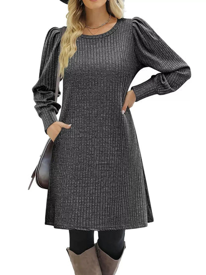 Grey Ribbed Knit Puff Sleeve Dress With Pockets - Bitsy Gypsy Boutique