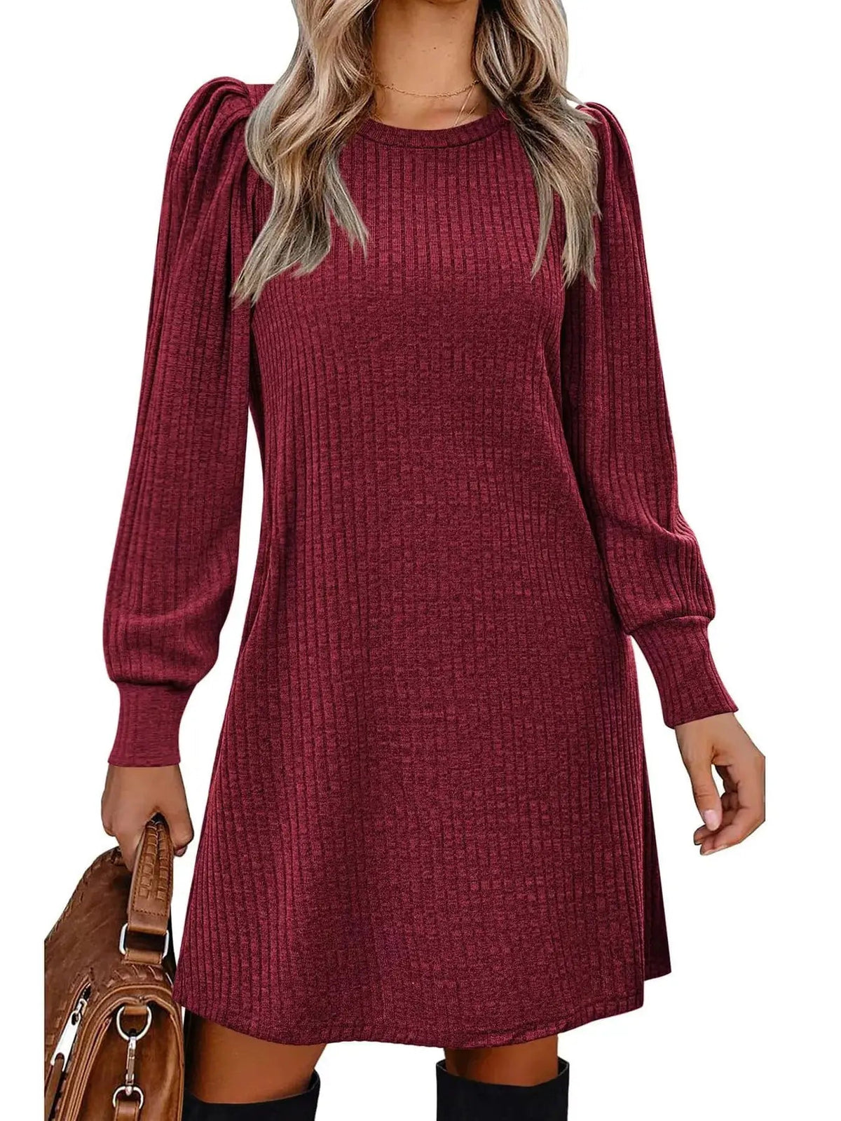 Grey Ribbed Knit Puff Sleeve Dress With Pockets - Bitsy Gypsy Boutique
