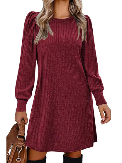 Grey Ribbed Knit Puff Sleeve Dress With Pockets - Bitsy Gypsy Boutique