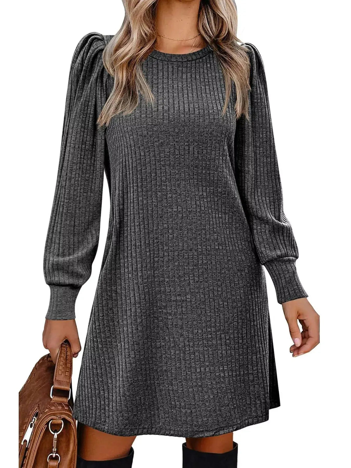 Grey Ribbed Knit Puff Sleeve Dress With Pockets - Bitsy Gypsy Boutique